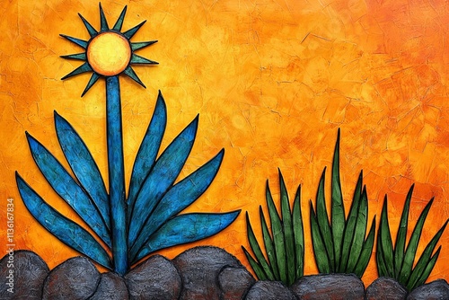 Sunset Desert Plants Blue Agave Orange Textured Background Artistic Painting Nature Scene