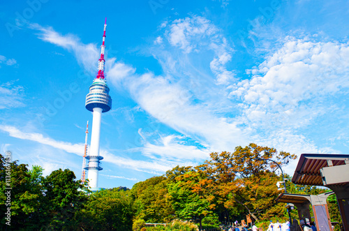 Autumn at Namsan Mountain Seoul Tower, a popular tourist destination. in South Korea. photo