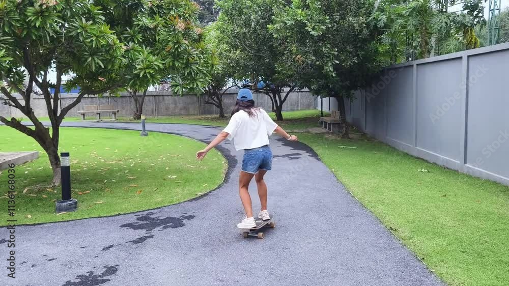 A young woman is skillfully riding a skateboard down a scenic park A young woman is skillfully riding a skateboard down a scenic park