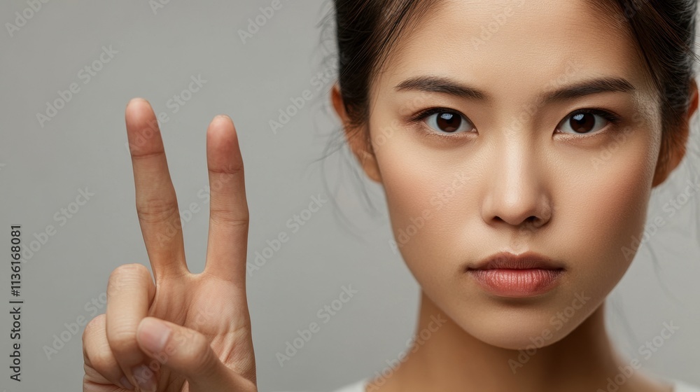 Young woman making peace sign with serious expression on gray background Young woman making peace sign with serious expression on gray background