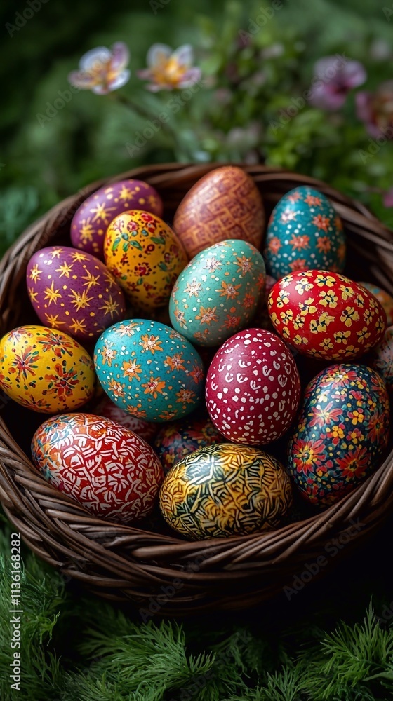 Bright, rich colors of Easter eggs in a wicker basket on a nice, gentle background with space for text