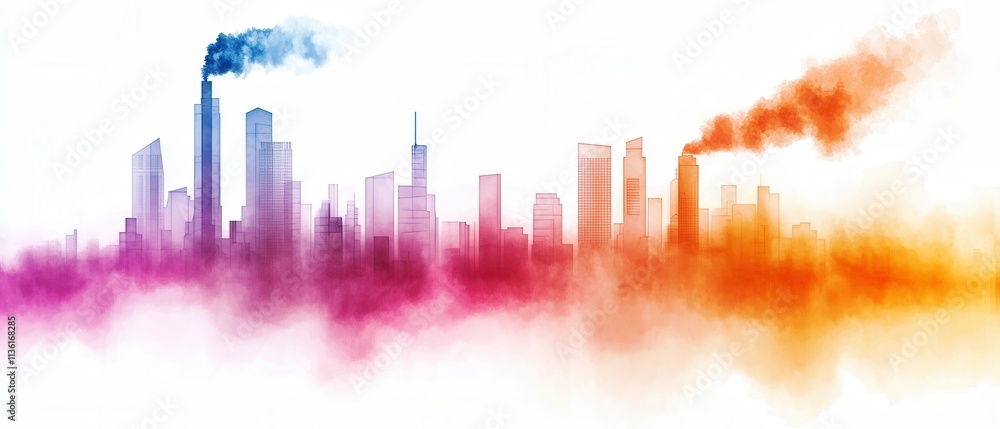 Fototapeta premium Energy use concept. City skyline with colorful smoke and industrial pollution effects.