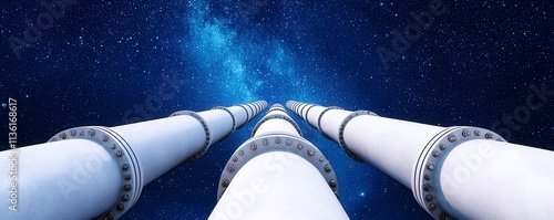 Energy use concept. Pipes extending towards a starry night sky.