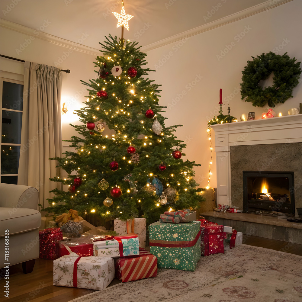 Christmas tree with ornaments and twinkling lights Christmas tree with ornaments and twinkling lights