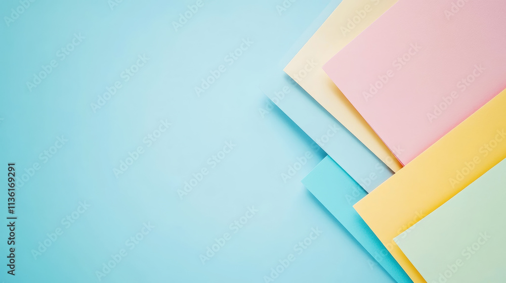 Aesthetic flat lay of pastel colorful envelopes and paper on pastel blue background. Business concept. Generative AI Aesthetic flat lay of pastel colorful envelopes and paper on pastel blue background. Business concept. Generative AI