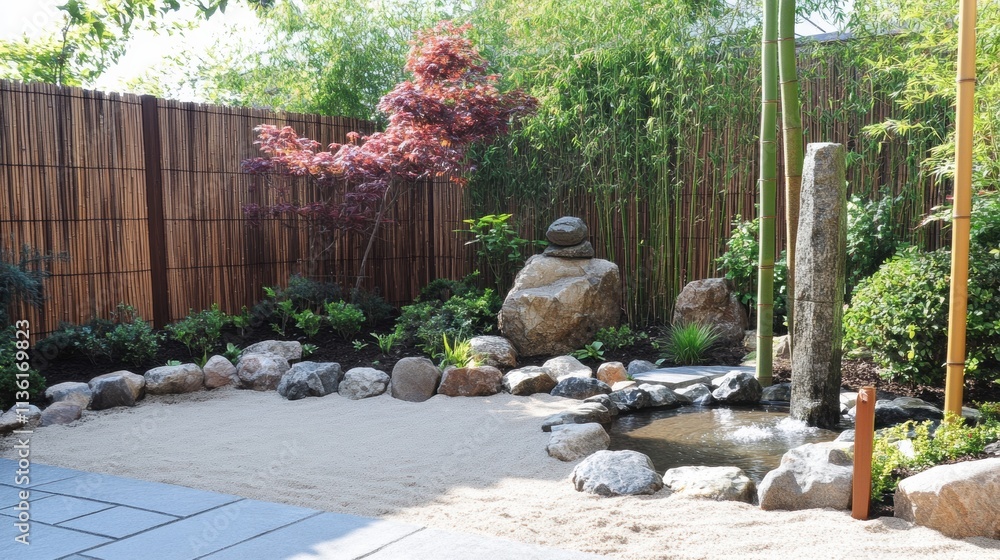 A peaceful Zen garden with carefully raked sand, stone arrangements, and a bamboo fountain A peaceful Zen garden with carefully raked sand, stone arrangements, and a bamboo fountain