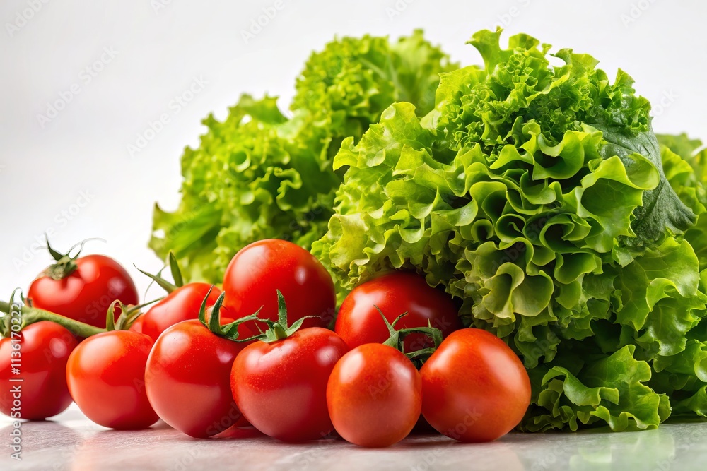 Fresh and Colorful Lettuce and Tomato Salad: A Heap of Vibrant Vegetarian Meal with Juicy Tomatoes and Crisp Lettuce on a Clean White Background Perfect for Healthy Eating Promotion Fresh and Colorful Lettuce and Tomato Salad: A Heap of Vibrant Vegetarian Meal with Juicy Tomatoes and Crisp Lettuce on a Clean White Background Perfect for Healthy Eating Promotion