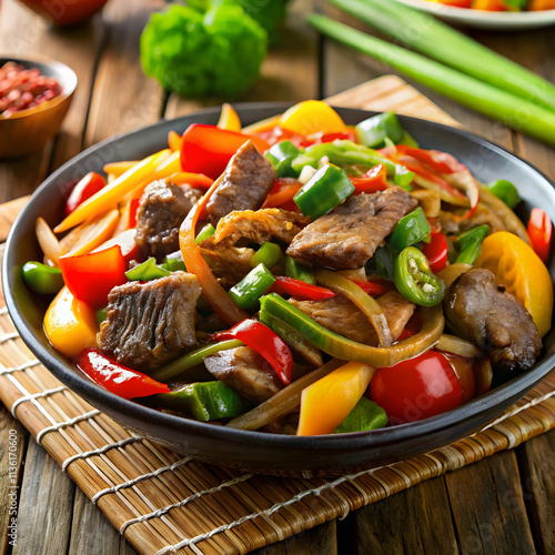 plated Chinese beef chop suey with colorful vegetable photo