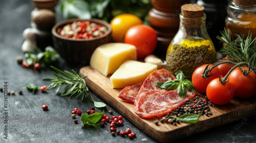 Italian appetizers. Cheese, wine, salami and prosciutto on a black stone background. Italian appetizers. Cheese, wine, salami and prosciutto on a black stone background.