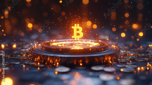 radiant Bitcoin symbol glows intensely atop a circular platform surrounded by scattered coins and a bokeh of warm lights The scene evokes cryptocurrencys digital valuable nature photo