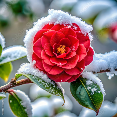 red camellia sasanqua blooming on frost covered photo