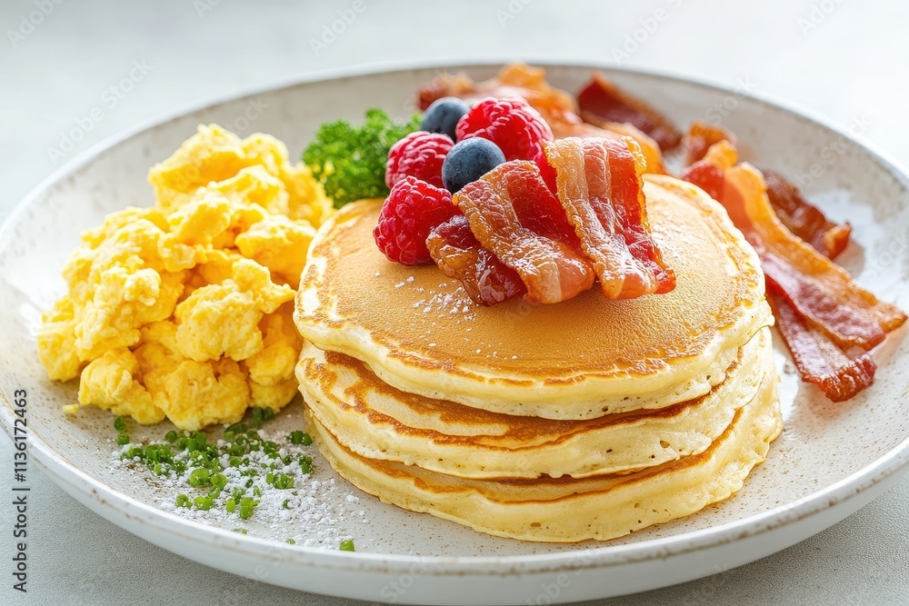 A delicious breakfast plate featuring pancakes, bacon, scrambled eggs, and fresh berries. A delicious breakfast plate featuring pancakes, bacon, scrambled eggs, and fresh berries.