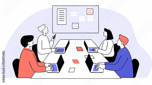 Four people are sitting around a conference table,each using a laptop while participating in a meeting.In the background is a whiteboard with notes and diagrams suggesting a collaborative session. AI 