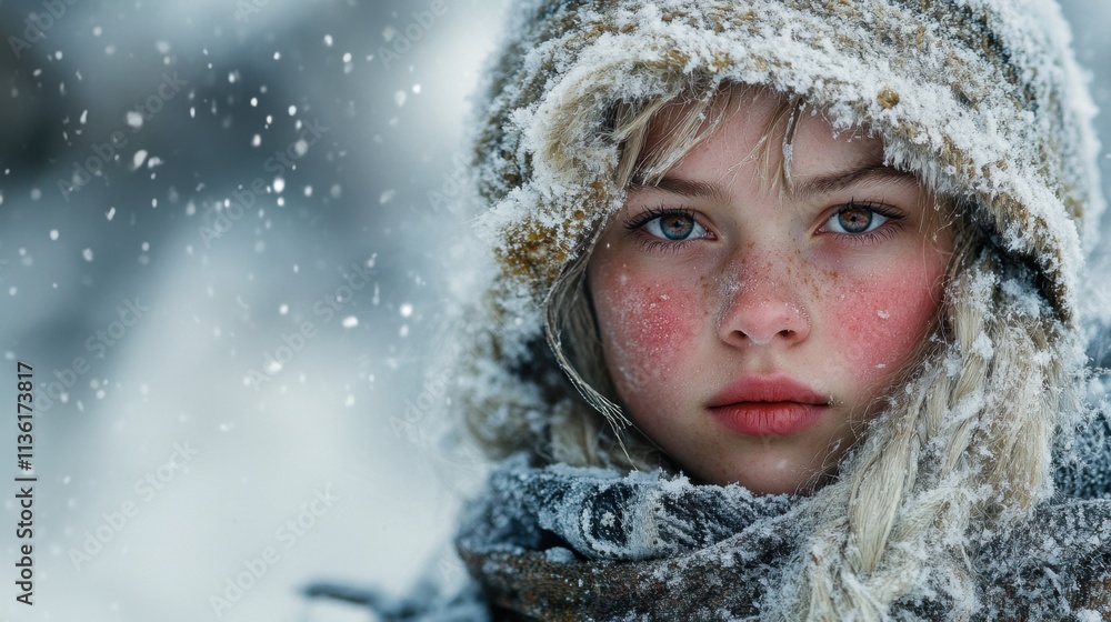 Portrait of a Young Girl in Winter Landscape with Snowfall Portrait of a Young Girl in Winter Landscape with Snowfall