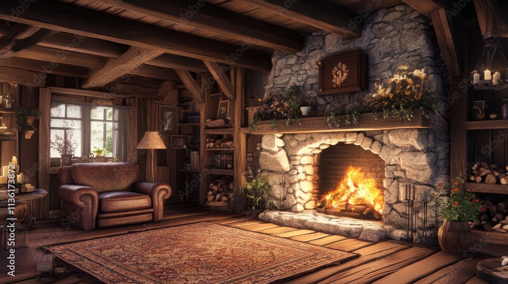 A rustic living room with a stone fireplace, large wooden beams, and a cozy leather armchair by the hearth A rustic living room with a stone fireplace, large wooden beams, and a cozy leather armchair by the hearth