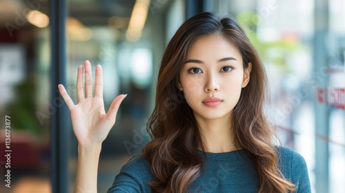 Wallpaper Mural Young Woman Raising Hand in Modern Indoor Environment Torontodigital.ca