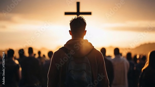 Person faces cross with crowd at sunset.