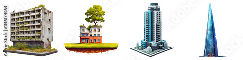 ruined and skyscrapers concept. Urban architecture with nature integration on Transparent background.