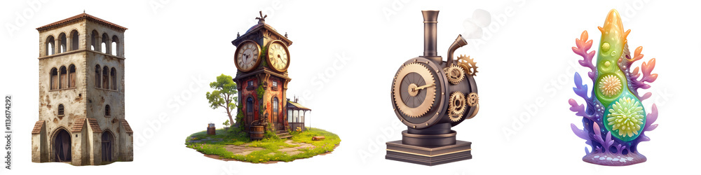 Fototapeta premium ruined and skyscrapers concept. Fantasy-themed whimsical structures and objects on Transparent background.