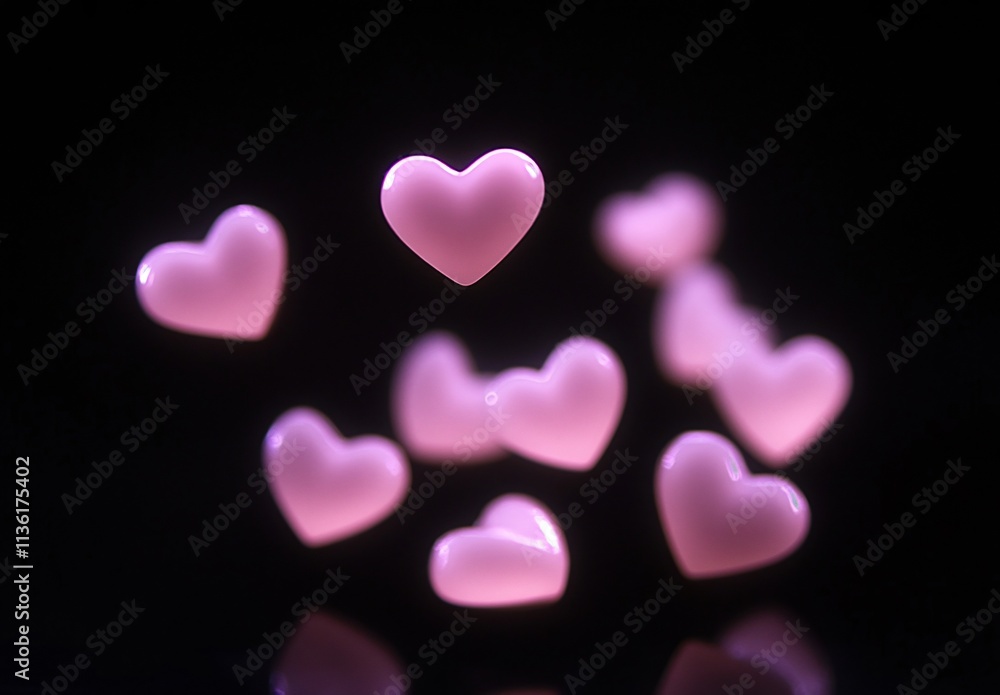 Fototapeta premium Floating Pink Hearts Dark Background Abstract Love