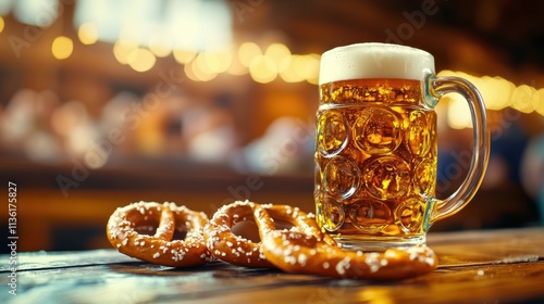 A joyful Oktoberfest scene with beer steins and pretzels against a bustling beer tent backdrop, macro shot, Festive style photo