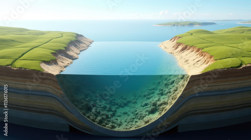 Realistic 3D Cross-Sectional Depiction of a Tranquil Sea Channel with Diverse Terrain and Seabed Structures