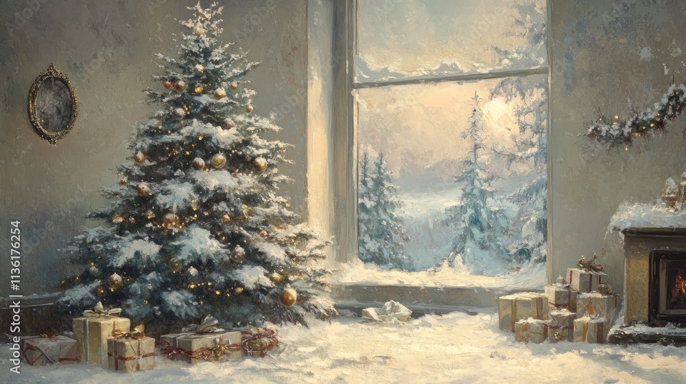 Fototapeta premium Elegant winter holiday scene with a Christmas tree, shiny baubles, snow-covered presents, and a frosty atmosphere, ideal for seasonal marketing.
