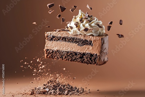 Chocolate cake Mocha Mousse slice suspended in air with chocolate shavings and whipped cream photo