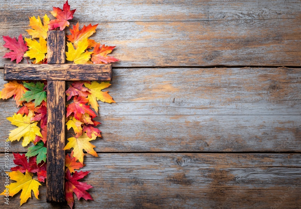 Fototapeta premium Rustic Wooden Cross with Autumn Leaves on Weathered Wood Background
