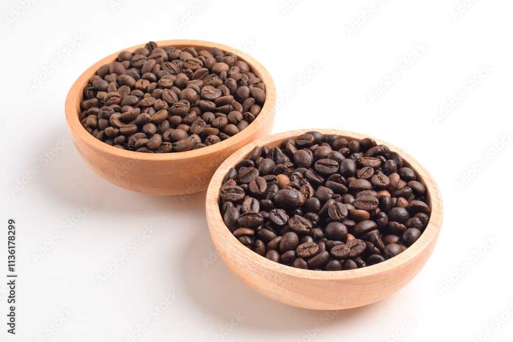 Fototapeta premium Roasted coffee bean in wooden bowl isolated on white background.
