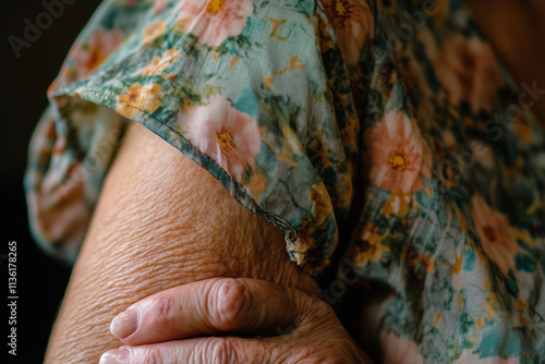 closeup of older woman's hand holding arm,  crepey skin, beauty wearing floral dress photo