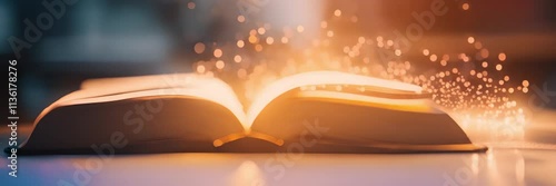 open book with glowing light and magical particles rising from the pages, concept of imagination