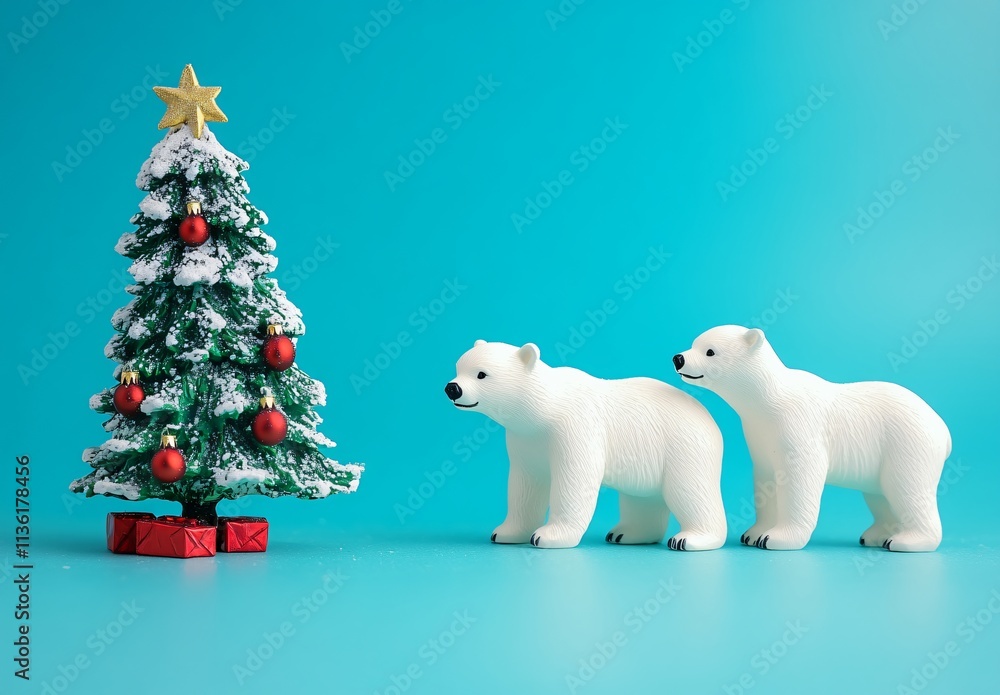 Two Polar Bears Admire Snowy Christmas Tree Festive Winter Scene Two Polar Bears Admire Snowy Christmas Tree Festive Winter Scene