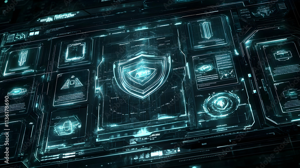Futuristic digital interface with security shield. Futuristic digital interface with security shield.