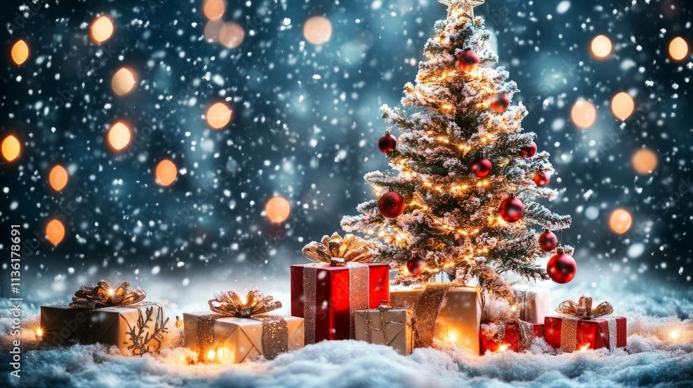 Winter wonderland scene with a Christmas tree, glowing ornaments, and snow-covered presents, creating a cozy and festive holiday vibe Winter wonderland scene with a Christmas tree, glowing ornaments, and snow-covered presents, creating a cozy and festive holiday vibe