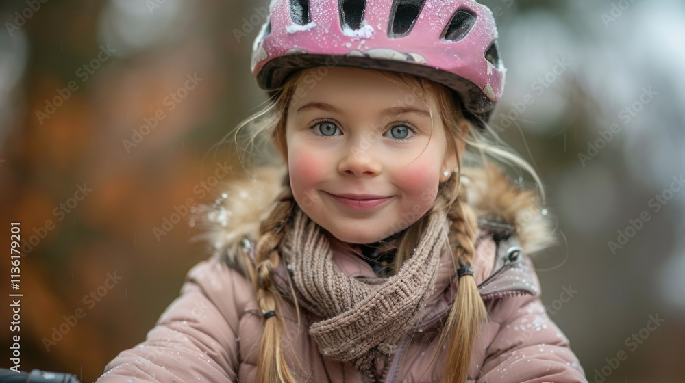 Happy young girl smiling while riding her pink bicycle outdoors. Happy young girl smiling while riding her pink bicycle outdoors.