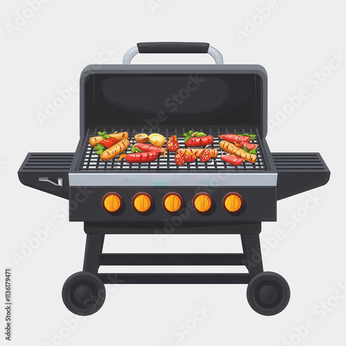 Flat icon Electric grill barbecue grill with chicken and vegetables on it modern cooking style kitchen appliance image for food photography