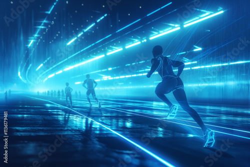 Persons running on the road. Generative AI