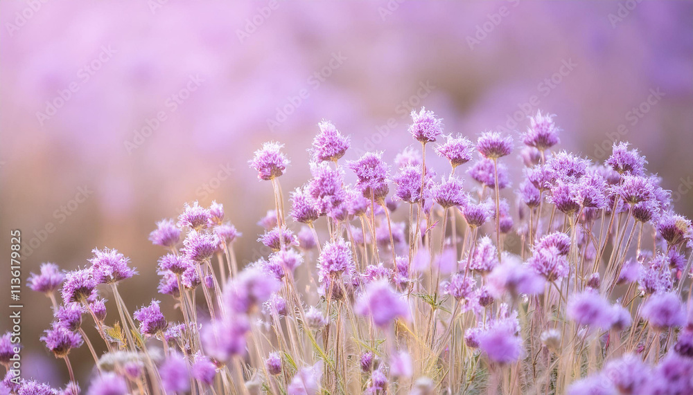 Obraz premium Close Up of Purple Flowers in a Field and Copy Space