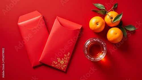 Two chinese red envelopes, tangerines, and tea in top view, chinese new year concept 