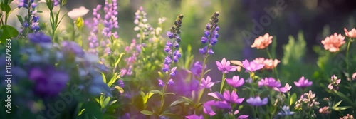 A field of blue, purple, and pink wildflowers bloom in the summer sun. Soft focus slow motion.