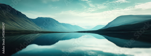 A beautiful mountain lake with a blue sky in the background