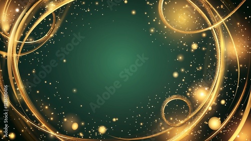 A gold abstract green background banner featuring circular gold accents and shimmering golden glitter dots. 