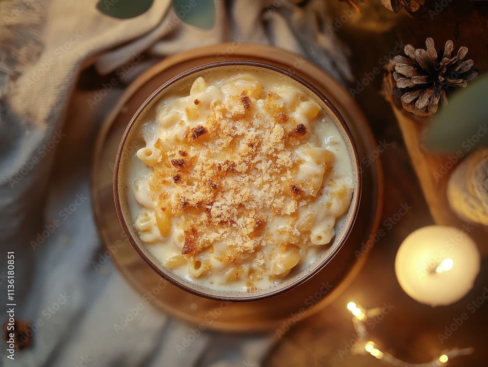 A creamy macaroni and cheese dish topped with breadcrumbs, presented in a cozy setting. A creamy macaroni and cheese dish topped with breadcrumbs, presented in a cozy setting.