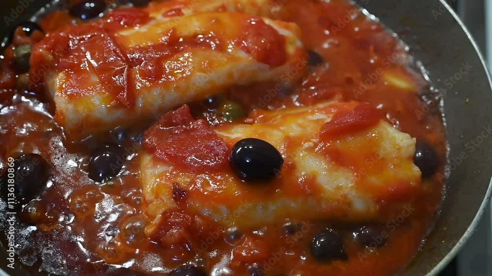 Cod stewed in tomato sauce with olives and capers is a tasty second course with a Mediterranean flavour, strong and balanced. Cod stewed in tomato sauce with olives and capers is a tasty second course with a Mediterranean flavour, strong and balanced.