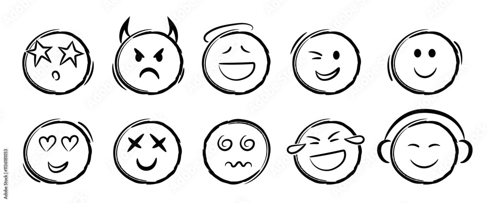 Doodle emoji face icons set. Sketch style ink brush vector. Different expressions vector faces. Devil, angel, listening to music, in love, laughing, hypnosis, star eyed. Doodle emoji face icons set. Sketch style ink brush vector. Different expressions vector faces. Devil, angel, listening to music, in love, laughing, hypnosis, star eyed.