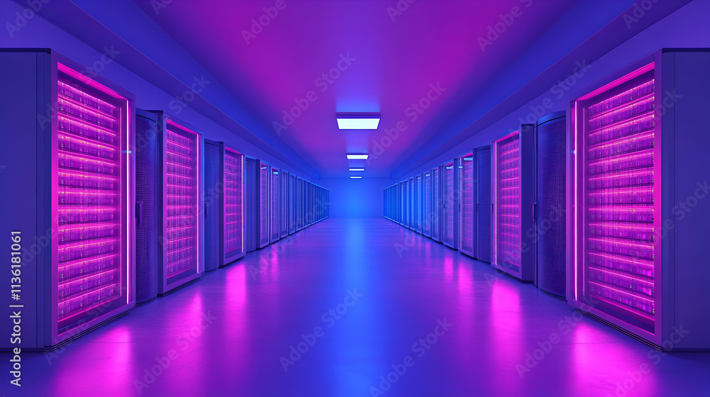 Futuristic server room corridor with vibrant pink and blue lighting. Futuristic server room corridor with vibrant pink and blue lighting.