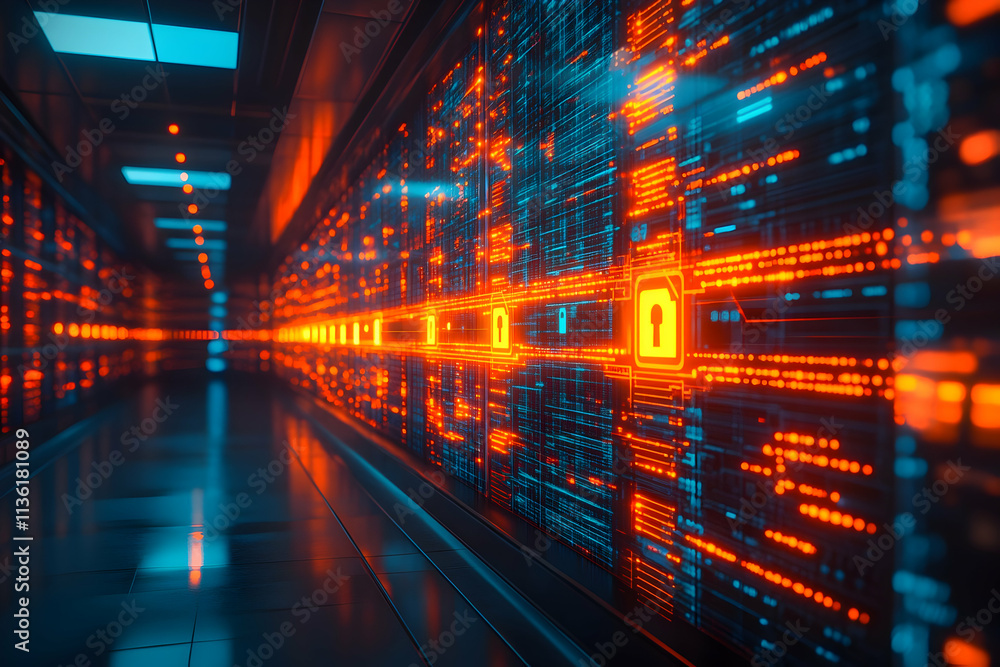 Fototapeta premium Futuristic server room with glowing data streams and security icons.