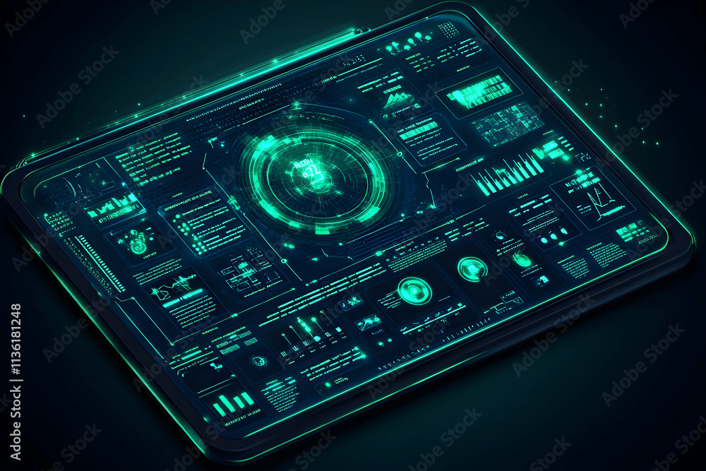 Futuristic tablet displaying digital data, graphs, and charts with glowing green interface. Futuristic tablet displaying digital data, graphs, and charts with glowing green interface.