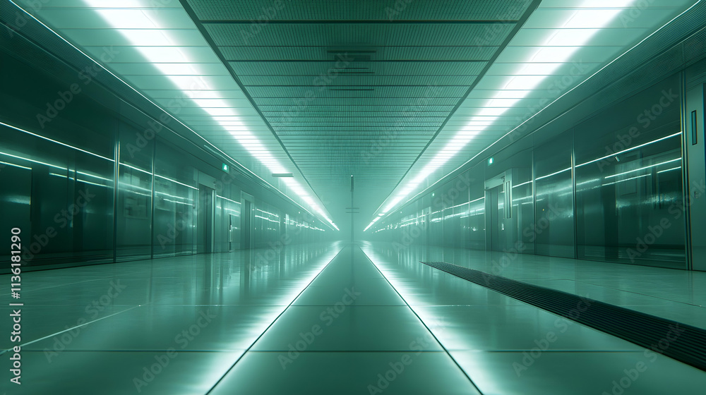 Futuristic teal-lit corridor with reflective floor and elevators. Futuristic teal-lit corridor with reflective floor and elevators.